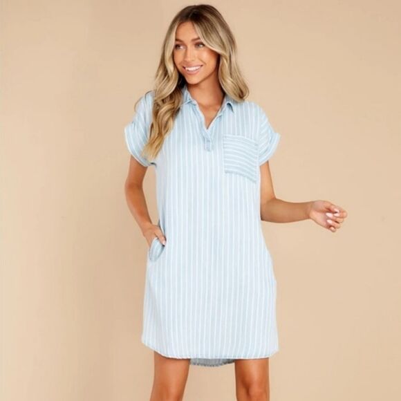 🔹️Anthropologie Thread & Supply Blue Stripe Raw Hem Dress Medium - Picture 1 of 12